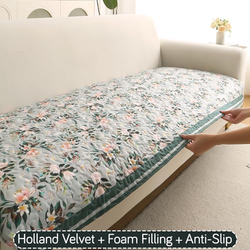 Image of HOKIPO 'Florentina Series' L Shape (3+3 Seater) Sofa Cover Seat Mat | Premium Multi-Needle Quilted Holland Velvet Sofa Mat + Foam Filling + Anti-Slip Backing, Magnolia Green (IN-882-V1*2)