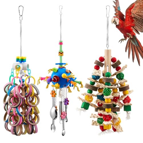 Image of Seenelling 3 Pcs Extra Large Bird Toys for Parrots, Ring and Ball | Multicolored Natural Wooden Blocks & Beads Bells, Bird Cage Chewing Toys for Large Medium Macaws African Grey Cockatoos