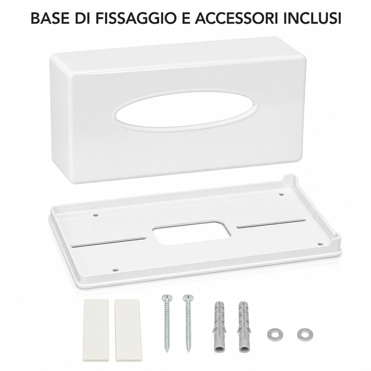 Scatola dispenser porta fazzoletti, MADE IN ITALY, in ABS riciclabile, 246x131x62mm, ideale per bagno, salotto, hotel e casa, completo di viti e biadesivo per fissaggio a parete (rettangolare bianca)