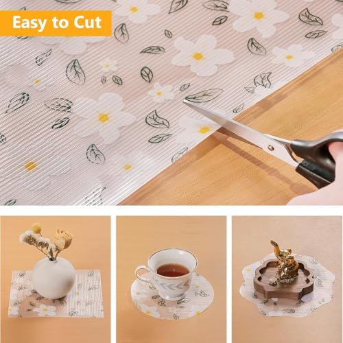 Image of EVA Fridge Shelf Liner Roll, Washable Drawer Mat Sheet, Cut-to-Size Cabinet & Refrigerator Shelf Protector, Food Contact Suitable Multipurpose Kitchen Table Liner Roll, 3 Meter (White Flower)