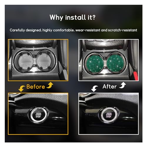 Image of Ziciner 2 Pack Bling Car Cup Holder Coaster, Anti-Slip Auto Insert Coaster with Start Stop Button Cover, Universal Shiny Crystal Vehicle Interior Accessories for Women and Girls (Green)
