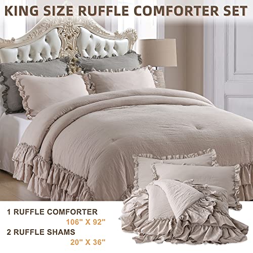 Image of QSH Shabby Ruffled Comforter Set 3 Pieces, Lightweight Taupe Bed Comforter,Microfiber Inner Fill Bedding King Size