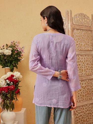 Image of Ada Women's Cotton Blend Regular Fit Tunic Hand Embroidered Lucknowi Chikankari Kota Western Top Kurti With Slip A911184