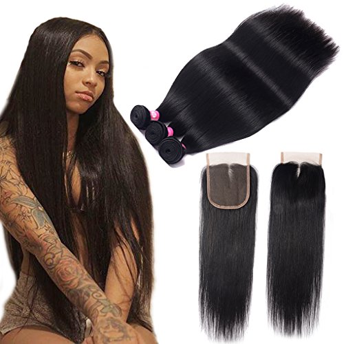Brazilian Straight Virgin Hair 3 Bundles with Closure (16 18 20 with 14) 100% Unprocessed Brazilian Straight Hair With Top Closure Human Hair Bundles With Middle Part Lace Closure