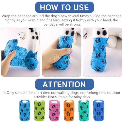 Image of Qpets 6Pcs Dog Bandages for Walk, Self-Adhesive Pet Bandage with Paw Print | For Paw Protection, Waterproof Non-Woven Cat Dog Injury Recovery Wrap Lick-Proof & Breathable