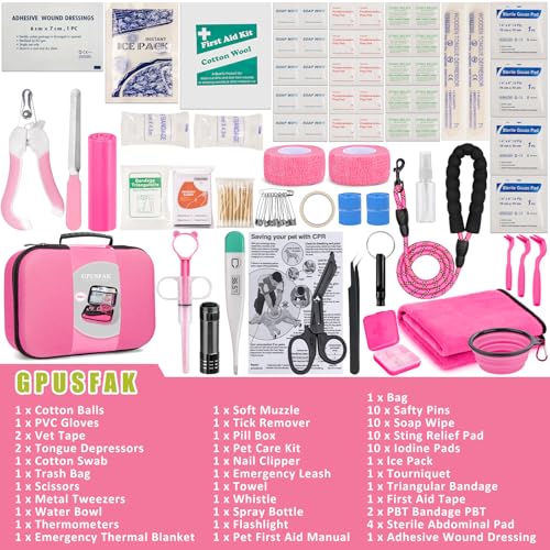 GPUSFAK Pet First Aid Kit for Dogs - Pet Emergency Kit for Camping Hiking Traveling Hunting and Sports (Pink)