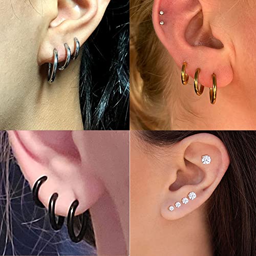 Dainty 8 Pairs Surgical Stainless Steel Earrings 14K Gold Plated Hoop Earrings,Diamond Cz Stud Earrings Women Men Lightweight Hypoallergenic Earrings Sets For Multiple Piercing,Suitable For Cartilage,Helix,Lobe,First Hole,Second Hole,Third Hole(Gold) #TOP4