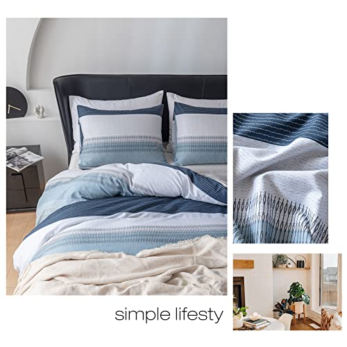 Image of EAVD Cotton Duvet Cover Full Size White Grey Blue Striped Bedding Set with 2 Pillowcases Modern Geometric Striped Duvet Cover with Zipper Closure