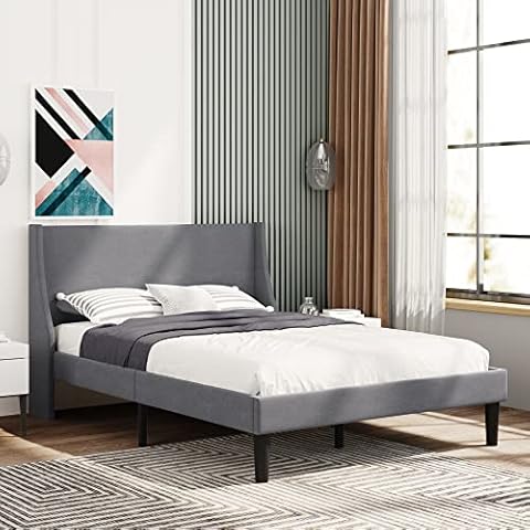 IANIYA Velvet Double Bed Single Bed Upholstered Bed Frame with Winged Headboard, Wood Slat Support for Adult Teenager (Gray, 135 x 190 cm) Cover