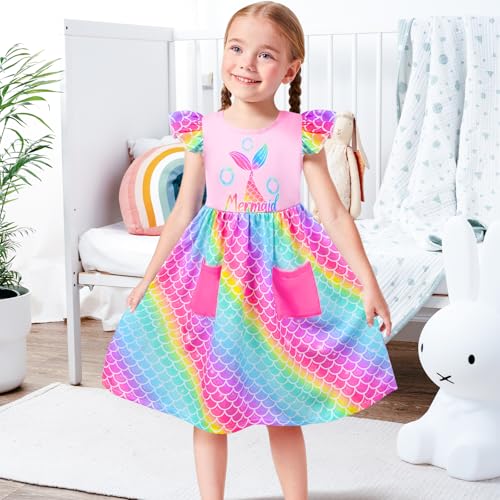 Little Toddler Girls Dress Flutter Sleeve Cute Mermaid Dinosaur Floral Summer Dresses Sundress with Pocket 2-7 Years3