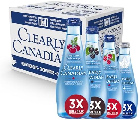 Clearly Canadian Sparkling Flavored Water, 11 oz Glass Bottles – Variety of Refreshing Flavors, Premium Carbonated Beverage, Available in 12-Pack and 24-Pack Options (12 Pack, Sparkling Variety)