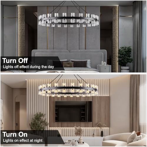 Image of 48 Inch Black Wagon Wheel Chandelier with Crystal Shade, Crystal Chandelier, Modern Farmhouse Style, Ideal for Dining Room, Kitchen, Entryways,48 Lights (Bulbs Included)
