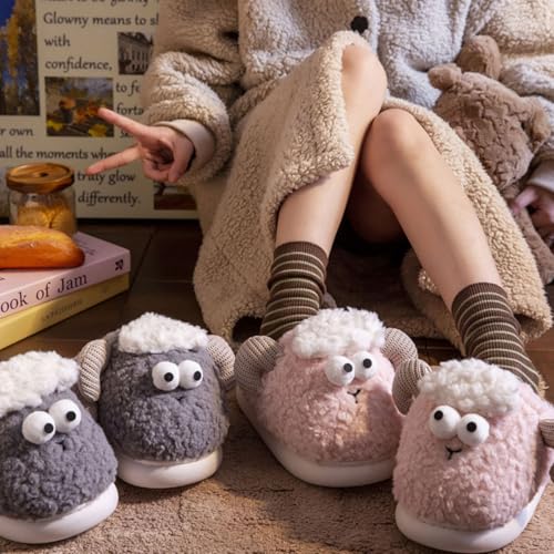 Sheep Fuzzy Animal Slippers for Women & Men, Cute Fluffy Plush Warm Memory Foam House Slippers2