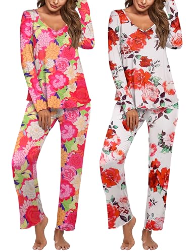 Image of Ekouaer Womens 2 Pack Pajama Set Long Sleeve Pajamas Top and Pants V Neck Pjs Set Soft Sleepwear Loungewear