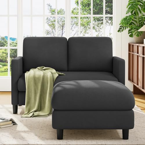 Image of Welzona Loveseat Sofa with Ottoman, 51 inch Small L Shaped Teddy Couch Sofa | Comfy Teddy Fabric, Tool-free Setup, Washable Covers, All-wood Couch Sets for Living Room, Bedroom, Small Spaces, Grey