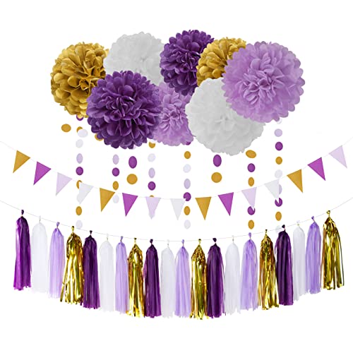Image of Purple Gold Graduation Decorations - 30pcs Kits Lavender White Paper Flowers,Banner Flags,Tassel Streamer Garland Engagement Girl Baby Bridal Shower Party Decoration Lasting Surprise