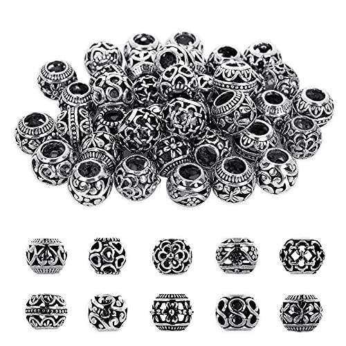 ASTER 40 Stück Zwischenperlen 12mm Metallperlen, 10 Stile Runde Antik Silber Perlenkappen, Tibetische Mixed Metall Spacer Perlen für Basteln DIY Schmuck Armbänder Schmuckherstellung