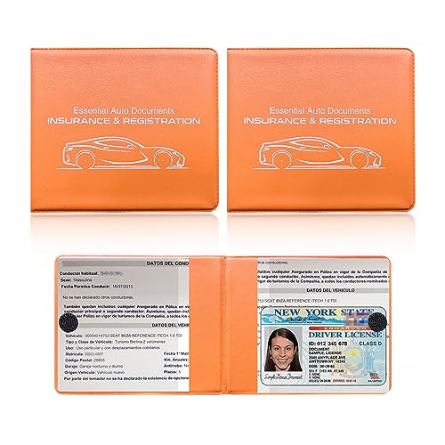 Ziciner Car Registration Insurance Holder, 2Pack Essential Auto Card Document Glove Box Organizer with Velcro Closure, Vehicle Interior Accessories Perfect for Most Car, Truck, SUV (Orange/Small Car)
