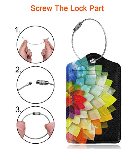 Image of 2Pcs Rainbow Flower Leather Luggage Tags, Travel ID Handbag Tag, Stainless Steel Loop, Privacy, Durable, Lightweight