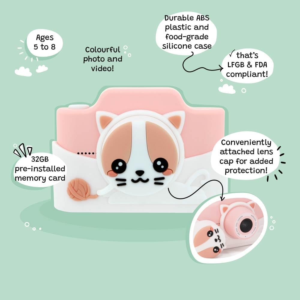 Kidamento Kids Digital Camera & Video Camcorder with Touchscreen, Soft Silicone Casing, Detachable Lens Cap, 32GB Memory Card - Model K Meowie The Cat