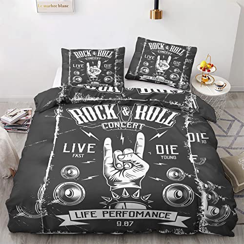 Housse de Couette 140x200 cm Musique, Parure de Lit 1 Personne Imprimée Rock & Roll Reversible, (Taie d'oreiller 65x65 cm, 120GSM Microfibre, Fermeture...