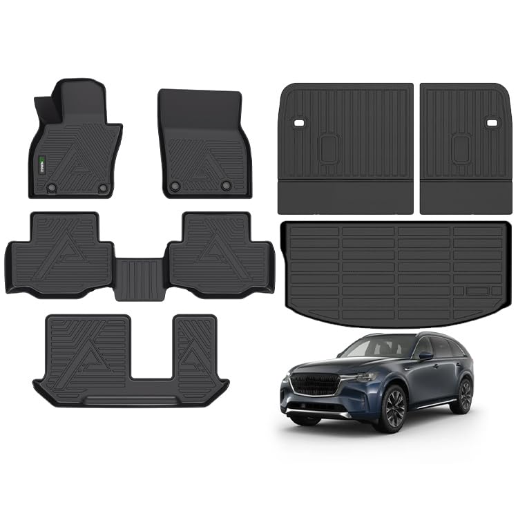 ANBINGO® Floor Mats & SeatBack Cargo Liner | CX90 2024-2025 8 Passenger | 2nd Row with Bench Seat | (60/40 Velcro Tape Fixed Backmats) TPE 3 Rows Waterproof Car Mat