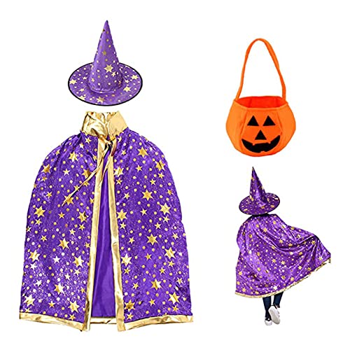 Halloween-Kostüm, Zauberer-Umhang, Hexenumhang mit Hut und Kürbis-Süßigkeitsbeutel, Performance-Cosplay-Kostüm, kleine Hexe, Zauberer für Kinder, Jungen, Mädchen (Perple)