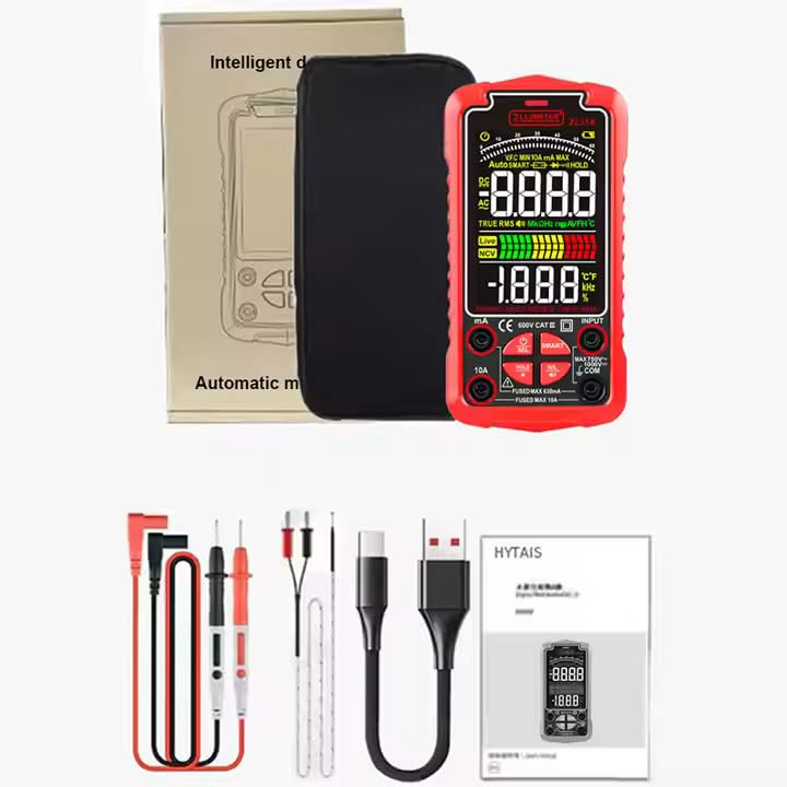 Contents of the ZLLJMETER ZL118 package including multimeter, test leads, USB cable, and manual.
