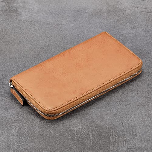 Image of HISCOW Leather Checkbook Cover, Zippered Wallet, Aniline Leather Tan | Full grain cowhide, 5cc & ID window, personal check book & register pockets, removable duplicate divider, women secure zipper