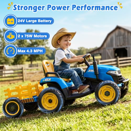 Image of ARBELI 24V Ride On Tractor w /2.4G Remote Control, Tiltable Trailer, Blue