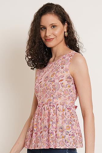 Image of COTLAND Fashions Jaipuri Cotton Sleeveless Printed Peplum Top for Women