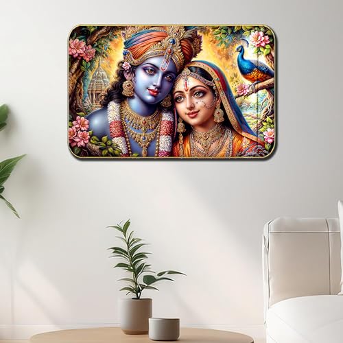 Image of Masstone Radha Krishna Crystal Embedded High Gloss Wall Painting, Golden Slim Frame, 45x30 Cm Wall Art for Living Room, Bedroom, Office & Home Decor (HG03)