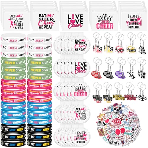 121 Pcs Cheerleader Gifts Kit 30 Zipper Portable Cheer Makeup Bag 30 Keychain Wristband Mirror 1 Bag Waterproof Cheer Stickers for Women Girls Cheerleader Teammates