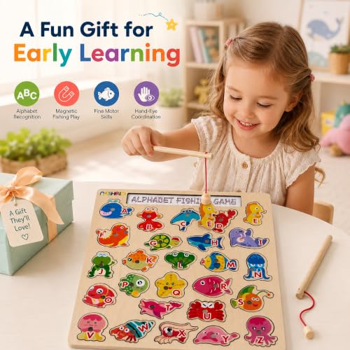 Image of NASHRIO Magnetic Wooden Alphabet Fishing Game for Kids Ages 3-5, ABC Letter Puzzle Board with 26 Sea Animal Pieces, Preschool Learning Fine Motor Toy for Boys Girls 3 4 5
