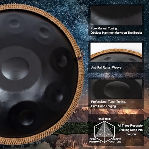 Handpan Drum for Beginners, 22 Inch D Minor Kurd 9 Notes - 440Hz Hand Drum Set for Music Therapy, Meditation & Outdoor Performances (Black)