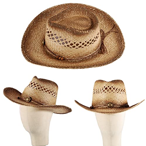 Image of Men's Cowboy Hats Summer Women Beach Cowgirl Hat Raffia Unisex Western Sun Hat