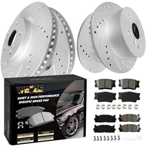 WEIZE Front and Rear Brake Pads and Drilled Slotted Rotors Kit, Replacement for Toyota Camry 2012-2017 Toyota Avalon 2013-2018 Lexus ES350