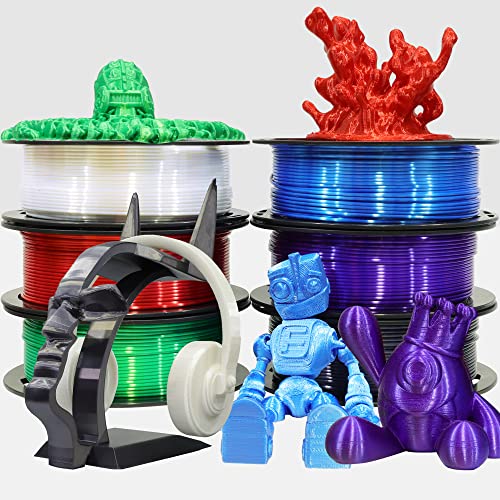Image of 1.75mm Silk Shiny PLA 6 in 1 Basic Colors Bundle Pack: Silk Black /Red /White /Sapphire Blue /Dark Purple /Green; Each Spool 250g, 6 Spools Packed, Total 1.5Kg 3D Printing Filament Material MIKA3D