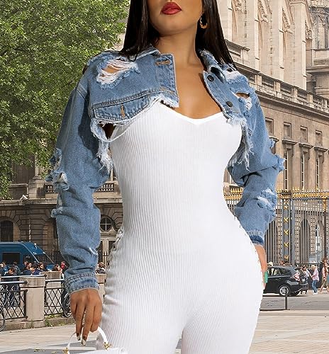 Cropped Denim Jackets for Women Long Sleeve Ripped Destroyed Wash Crop Top Jean Jackets3