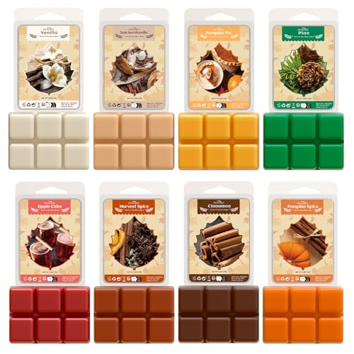 SNOWSEN Fall Wax Melts, 8 Pack Scented Wax Cubes, Soy Wax Cubes Strong Autumn Scent, Wax Melts Tarts for Warmer - Pumpkin Pie, Cinnamon, Harvest Spice, Apple Cider and More, Colored Wax Melt Gift Set