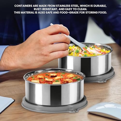 Image of MILTON Daily Meal Lunch Box with Unisex Bag, 3 Stainless Steel Containers 300 ml Each & Tumbler 400 ml, Leak-Proof Tiffin for Office, College, Picnic, Grey