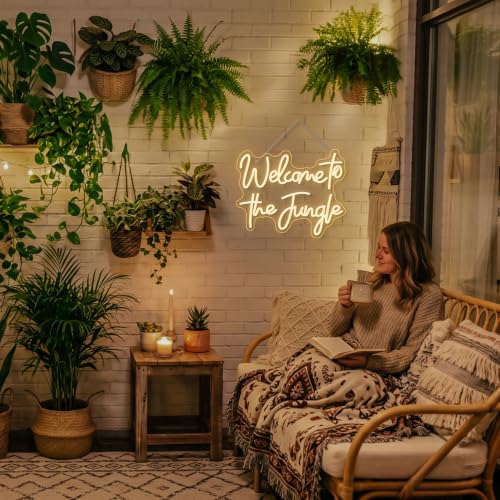 Image of ineonlife Welcome to the Jungle Neon Sign Green Letter LED Neon Lights for Bedroom Wall Love Oh Baby for Room Decor Bar Party Wedding Engagement Wall Hanging Decor USB Powered (White)