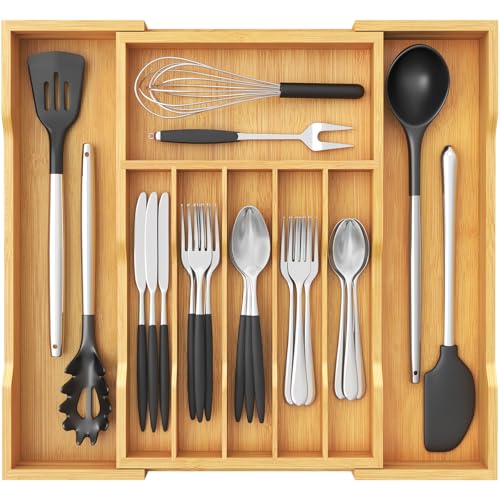 Lifewit Range Couverts en Bambou pour Tiroir, Rangement Ustensiles Extensible de 30,5 cm à 53 cm, Profondeur de 43 cm, Organisateur vaisselle de Cuisine,...