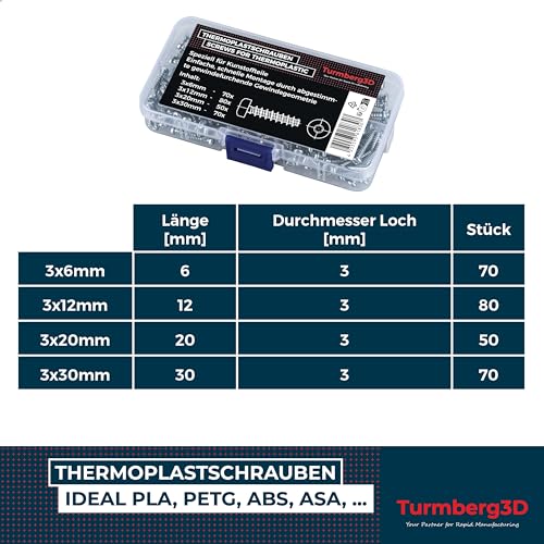 Turmberg3D Thermoplastschrauben Sortiment für 3D-Druck und Kunststoffe - 270 Schrauben für PLA, PETG, ASA, ABS uvm.