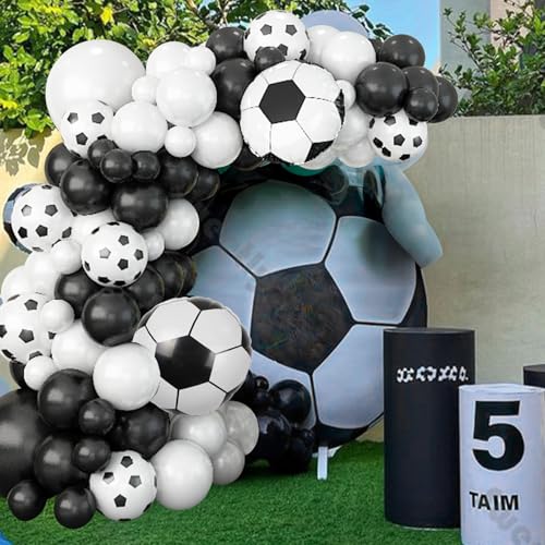 Image of Soccer Balloon Garland Arch Kit, 22 18 12 10 5 Inch Black White Football Print Balloons Arch Kit with 4D Football Foil Balloon Football Helium Balloon for Birthday Soccer Club Party
