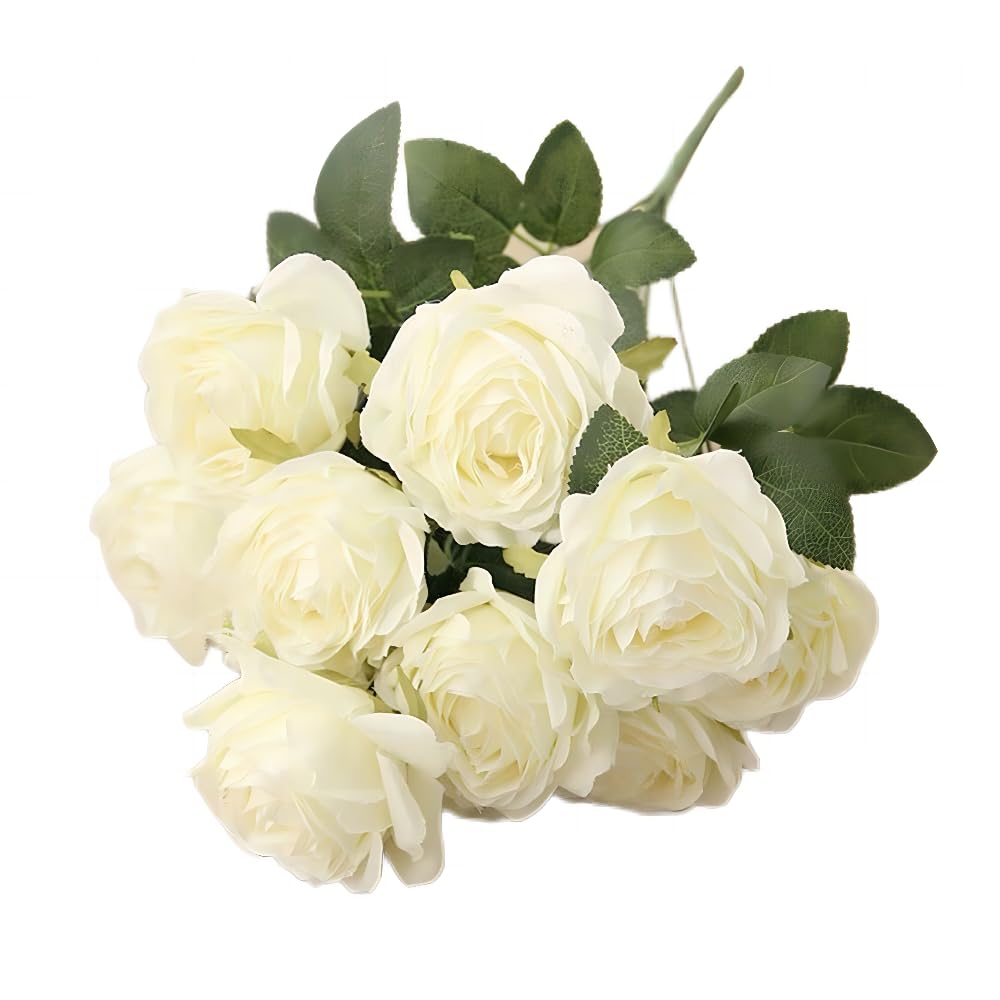 Jasion Artificial Roses 10 Heads 2.8" Flowers Arrangement Silk Bouquet for Home Office Parties Bridal Wedding Decoration (White)