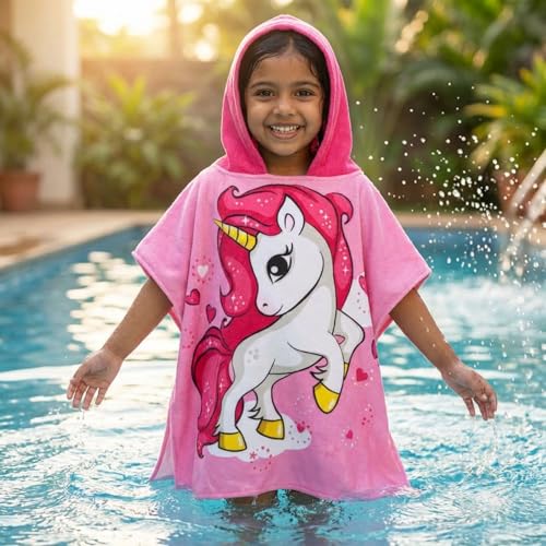 Image of Famyo Pink Unicorn Poncho Towel for Kids, Hooded Micro-Fiber Bath Towel for Toddlers, Boys & Girls, Soft & Cozy, Ages 1-7 Years, Cute Design, Bathrobe Alternative 60x60 Cm