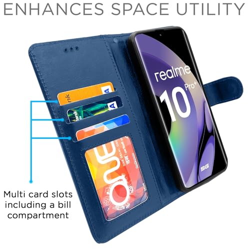Image of Pikkme Realme 10 Pro Plus 5G Flip Cover Leather Finish | Inside TPU with Card Pockets | Wallet Stand and Shock Proof | Complete Protection Flip Case (Blue)