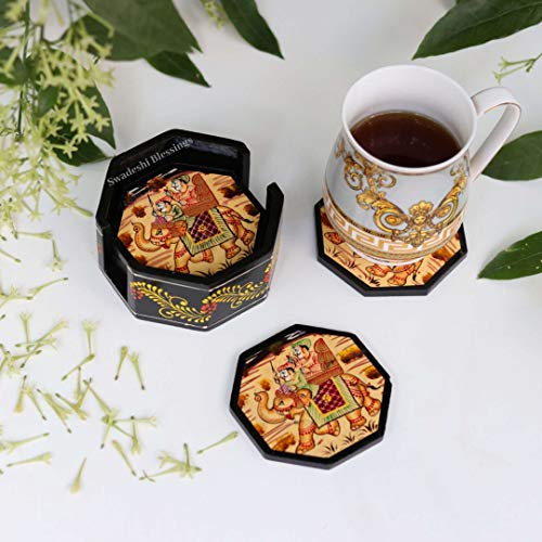 Image of Swadeshi Blessings Wooden Octagonal Coffee /Tea Coasters Set- Handcrafted & Hand-Painted for Kitchen /Table & Home Decor /Dinning /Gifts /Restaurants /Living Room /Coffee Table (Set of 6) (Red)