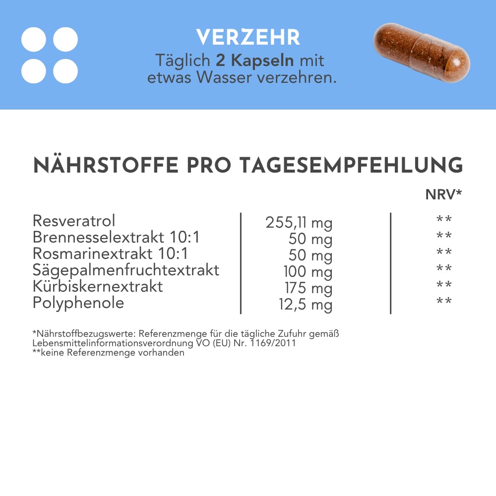 Resveratrol+ | mit Sägepalme und Kürbiskernextrakt | 30 Tage | vegan & made in Germany
